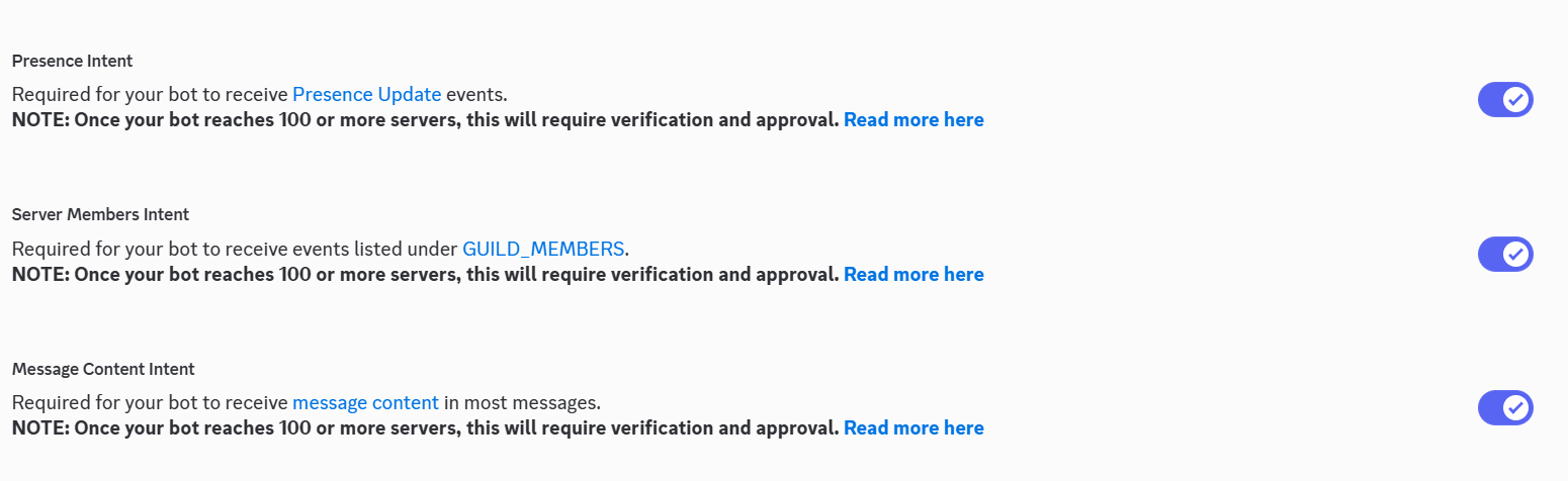 Presence Intent,Server Members Intent,Message Content Intent截图